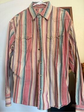 Scully Multi-Stripe Western Pearl Snap Shirt in Coral, Teal, Cream, and Tan